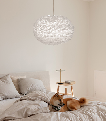 Flauschige Pendelleuchte schafft eine warme, entspannte Atmosphäre in einem modernen Schlafzimmer, während ein Hund auf dem Bett ruht