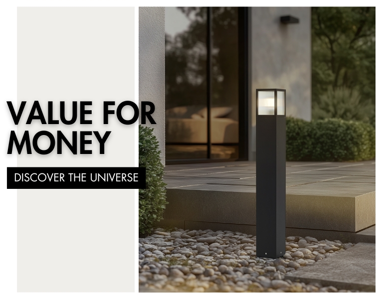 Black standing outdoor lamp placed in front of the house